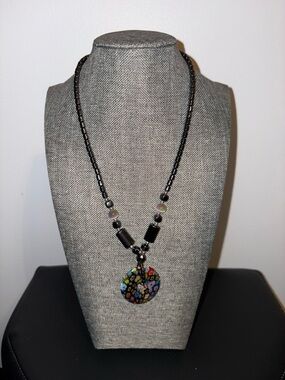 Hematite Beaded Necklace with Multicolor Millefiori Pendant